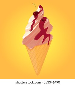 Ice cream waffle cone with cherry jam and cherry