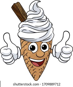 An ice cream waffle cone with chocolate cartoon character mascot giving at thumbs up
