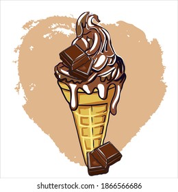 ice cream with waffle cone and chocolate flavor. Decorate the dessert with chocolate pieces. Cartoon illustration ice cream icon for web design
