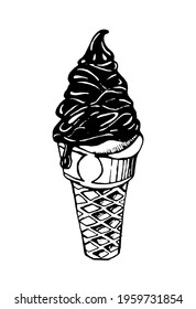 ice cream in a waffle cone with chocolate icing or jam. Black vector on a white background, drawn by a pen