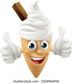 An ice cream waffle cone with chocolate cartoon character mascot giving at thumbs up
