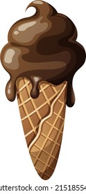 Ice cream in a waffle cone with chocolate topping, icing, vector illustration on an isolated transparent background