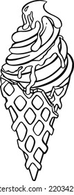 ice cream waffle cone with chocolate topping, sorbet, ice cream vector illustration