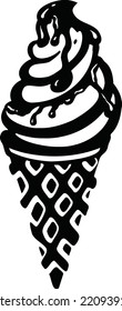 ice cream waffle cone with chocolate topping, sorbet, ice cream vector illustration