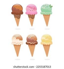 Ice cream in a waffle cone. Ice cream in chocolate, strawberry, mint chocolate, caramel, vanilla flavors, sweet ice cream for summer. Vector illustration.