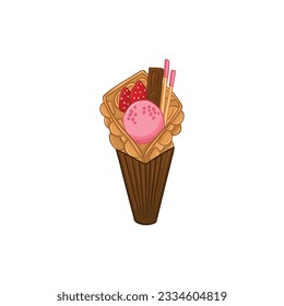 Ice cream in waffle cone with chocolate and strawberries. Vector illustration