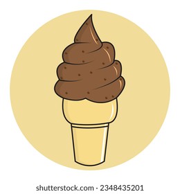 Ice cream in the waffle cone with chocolate taste and chocolate chips isolated on white background. Set of vector flat outline icons. Cute cartoon style illustration for product design.