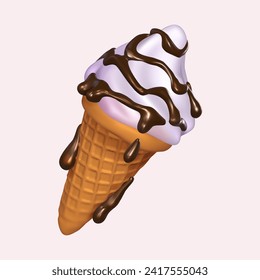 Ice cream in a waffle cone with chocolate on a light background, vector illustration. Realistic 3d symbol design. Eps 10