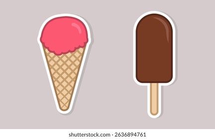 Ice cream waffle cone and chocolate popsicle sticker illustration. Flat style vector illustration for food-related content, summer-themed designs, and advertisements for ice cream shops