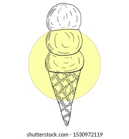 Ice cream in a waffle cone, cold. Summer,refreshing, sketch. Vector illustration, icon hand draw