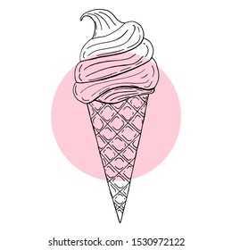 Ice cream in a waffle cone, cold. Summer,refreshing, sketch. Vector illustration, icon hand draw