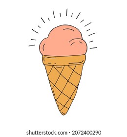 Ice cream. Waffle cone. Cold delicacy. Dessert. Vector. Doodle. Drawn by hand.