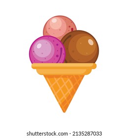 Ice cream in a waffle cone with color balls isolated on white background. Element of bar, menu, cafe, logo, icon, web. Sweet dessert. Cartoon vector illustration.