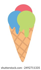 Helado en cono de gofre con tres cucharadas de colores. Comida dulce de verano. Ilustración plana de Vector.