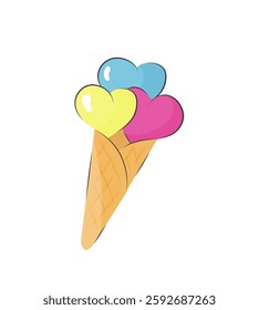 Ice cream waffle cone with colorful hearts. Dessert icon isolated on white background. Valentines Day . 