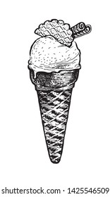 Ice cream in a waffle cone, with cookies. Natural products and healthy lifestyle, delicious products, a set of templates for menu design, restaurants and catering. Hand-drawn images