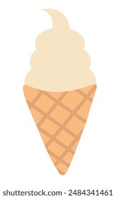 Ice cream in waffle cone. Creme brulee. Summer time sweet food. Vector flat illustration.