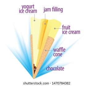 Ice cream in waffle cone cross section view vector illustration. 
