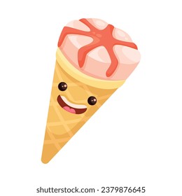 Ice Cream Waffle Cone with Cute Face as Frozen Dessert Vector Illustration
