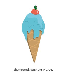 Ice cream with a waffle cone and decorated with cherries . An element of summer design. An isolated object. Vector illustration. Eps 10.