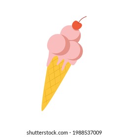 Ice cream in a waffle cone, decorated with cherries.  Flat vector illustration isolated on a white background.