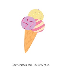 Ice cream in a waffle cone. Ice cream in different flavors with decoration on white background. Vector illustration in cartoon style.