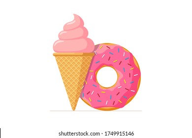 Helado de crema de gofre y donut con glaseado rosado y gotas de azúcar. Ilustración aislada de vectores de pombir y anillos de buey dulce