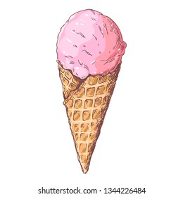 Ice cream in a waffle cone in the doodle style.