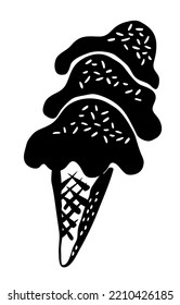 Ice Cream In A Waffle Cone Drawing Hand Painted With Ink Brush