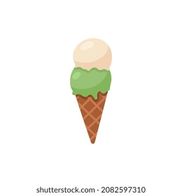 Ice cream in waffle cone in flat vector illustration isolated on white background. Cartoon sweet delicious cold summer dessert. Soft frozen sorbet, vanilla, pistachio tasty yogurt