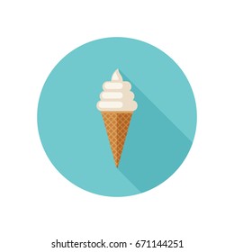 Ice cream with waffle cone in flat style. Vector simple illustration with long shadow.