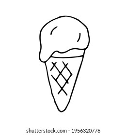 Ice cream in a waffle cone. Food. Cold dessert. Vector. Doodle. Hand-drawn illustration. Silhouette. Black and white outline. Coloring.