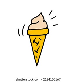 Ice cream in a waffle cone. Food. Cold dessert. Vector. Doodle. Hand-drawn illustration.