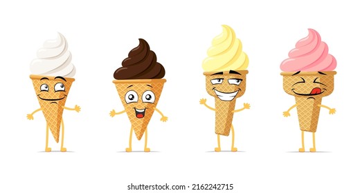 Ice cream in waffle cone funny smiling cartoon character set. Sundae cute happy face expression mascot collection. Multicolor taste twisted popsicle different comic emoticons vector eps illustration