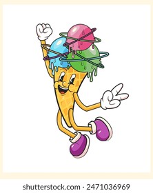 Ice cream waffle cone groovy character. Trendy Isolated vector cosmic summer dessert personage. Funny positive mascot wearing wide funky smile, exuding chill vibes and retro nostalgic charm. Sticker