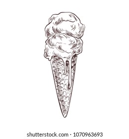 Ice cream in waffle cone, hand drawn vector vintage illustration, sketch style.