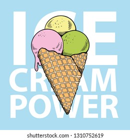 Ice cream waffle cone hand drawn color vector illustration. Icecream balls in belgian waffer clipart. Doodle pink icecream balls. Ice cream shop, cafe menu isolated handdrawn design element