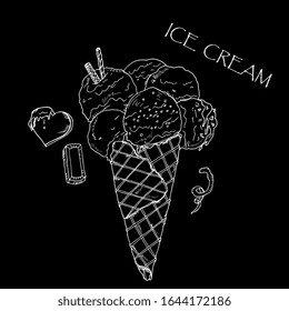 Ice cream in a waffle cone. Hand drawing, sketch, outline.For labels, banners, packaging, prints,menu, cafe, sweet table, invitation, banner.  Charcoal drawing, isolated.