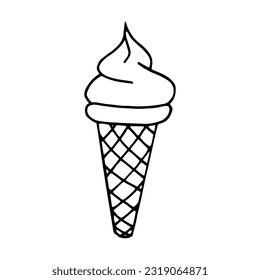 ice cream in a waffle cone hand drawn in doodle style. fast food sweets, refreshing