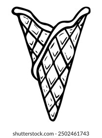 Ice cream waffle cone hand drawn doodle. Sweet pastries for a cool summer dessert. Vector outline line art illustration.