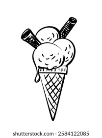 Ice cream in waffle cone hand drawn illustration isolated, Delicious refreshing sweet dessert three scoops of ice cream with chocolate cookie sticks vector sketch monochrome black on white background