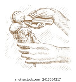 Ice cream in a waffle cone with hands holding a spoon hand drawn