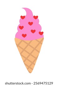 Ice cream in waffle cone with heart. Valentine day sweet food. Vector flat illustration.