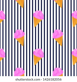 Ice cream in a waffle cone. Horizontal striped Summer seamless pattern. Used for design surfaces, fabrics, textiles, packaging paper, wallpaper