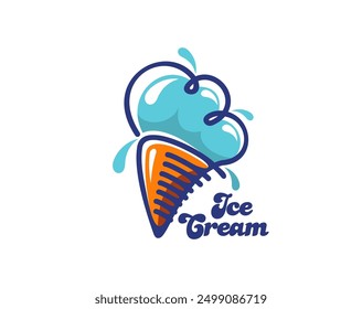 Ice cream waffle cone icon, gelato dessert. Vector isolated emblem featuring blue frozen summer food scoops on a crispy wafer cup. Tempting sundae choco delight, refreshing, sweet icecream snack