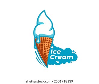 Ice cream waffle cone icon for gelato dessert and gelateria, vector emblem. Milky creamy soft ice cream in wafer cone with melt drop for frozen sweets and Italian gelato bar and icecream menu