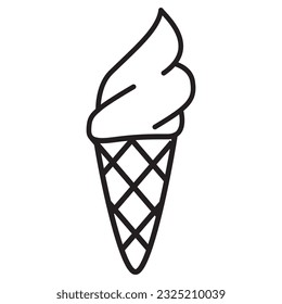 Ice cream in waffle cone icon.Swirl of soft serve ice cream.Frozen yogurt .Isolated on white background.Outline vector illustration.
