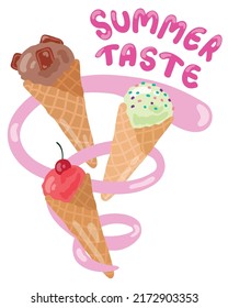 Ice cream in waffle cone with inscription – summer taste. Chocolate, pistachio, cherry. Hand drawn vector illustration. Suitable for website, stickers, postcards, menu.