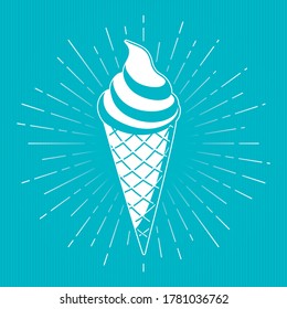 Ice Cream Waffle Cone Inverted Retro Style Sign over Sunburst Rays - White Elements on Turquoise Striped Background - Vector Hand Drawn Design