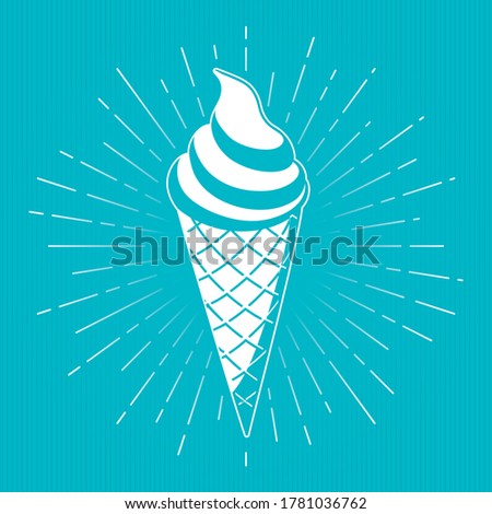 Ice Cream Waffle Cone Inverted Retro Style Sign over Sunburst Rays - White Elements on Turquoise Striped Background - Vector Hand Drawn Design